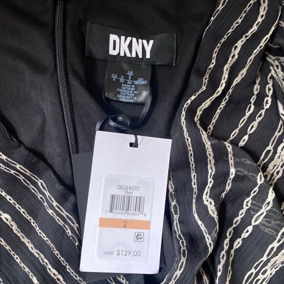 DKNY Metallic Stripe Print Surplice VNeck 3/4 Balloon Sleeve Tie Waist Faux Wrap - Picture 8 of 8